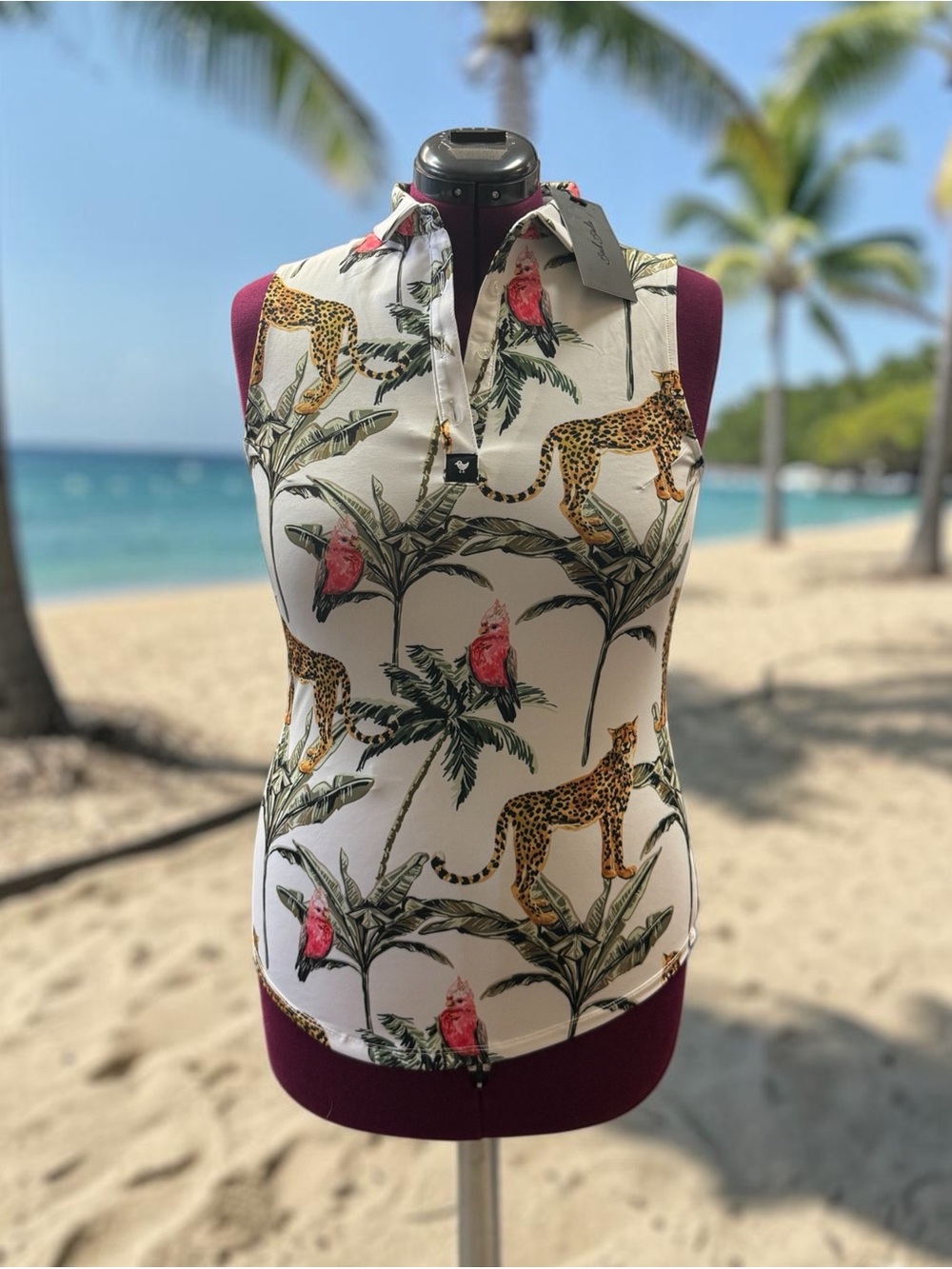 NWT Bad Birdie Wildlife Women’s Sleeveless Polo - Size S - Cheetah & Palm Print